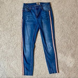 Distressed Skinny Jeans with Red and White Stripes